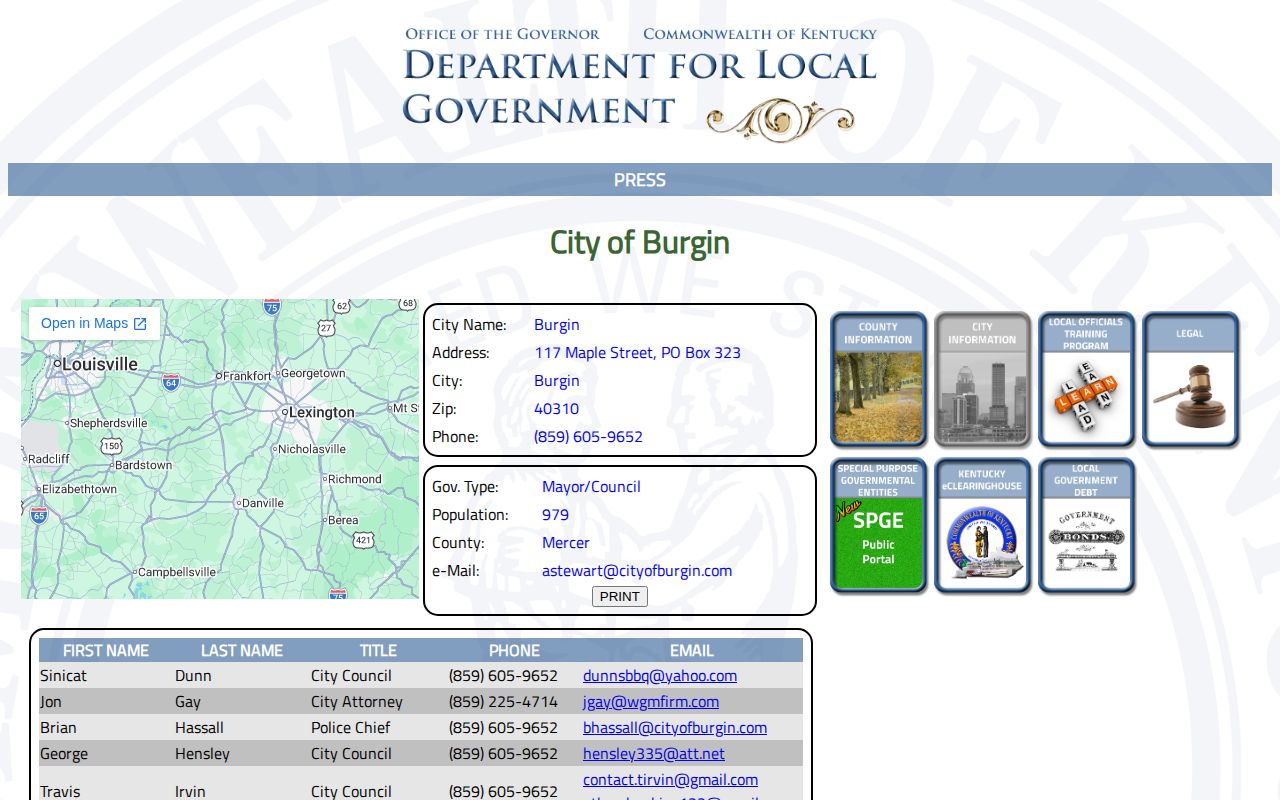 Kentucky DLG Burgin police chief and city record