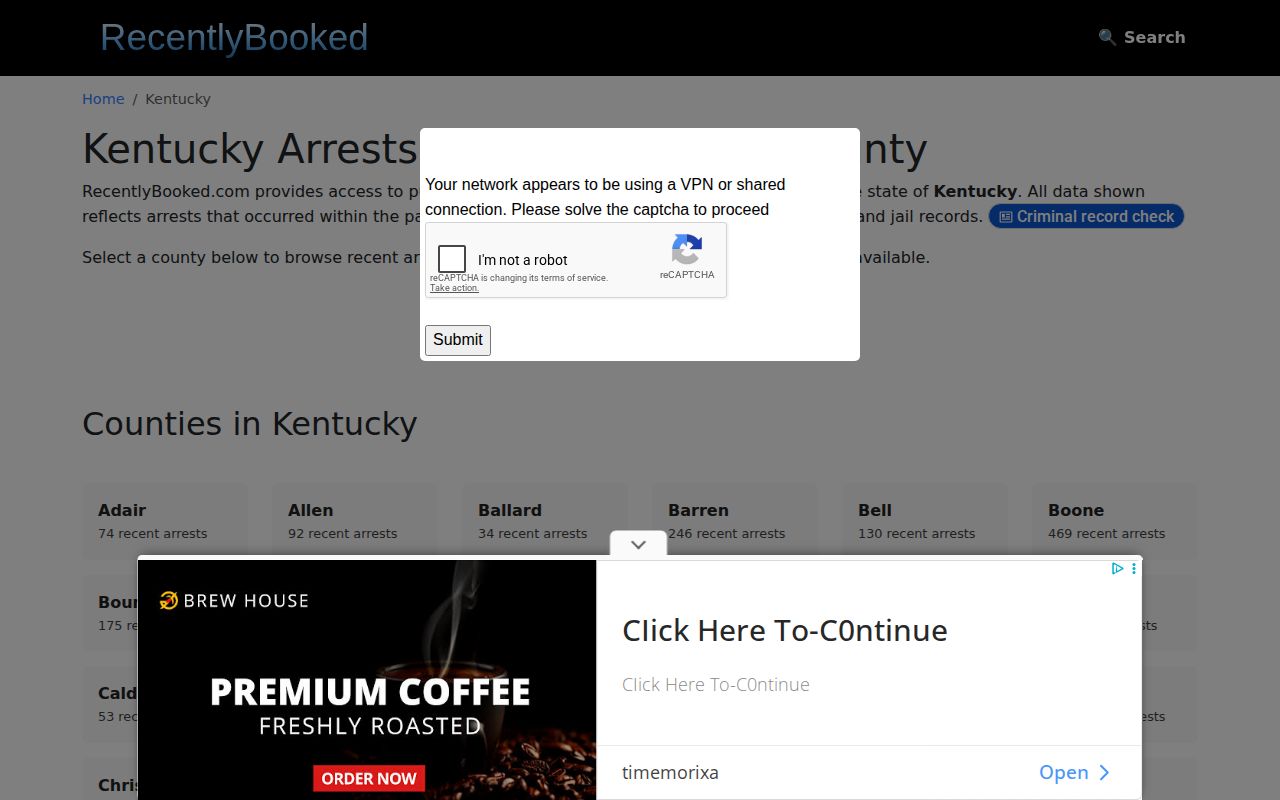 RecentlyBooked Kentucky index showing host-county mugshot sections and no Mercer section